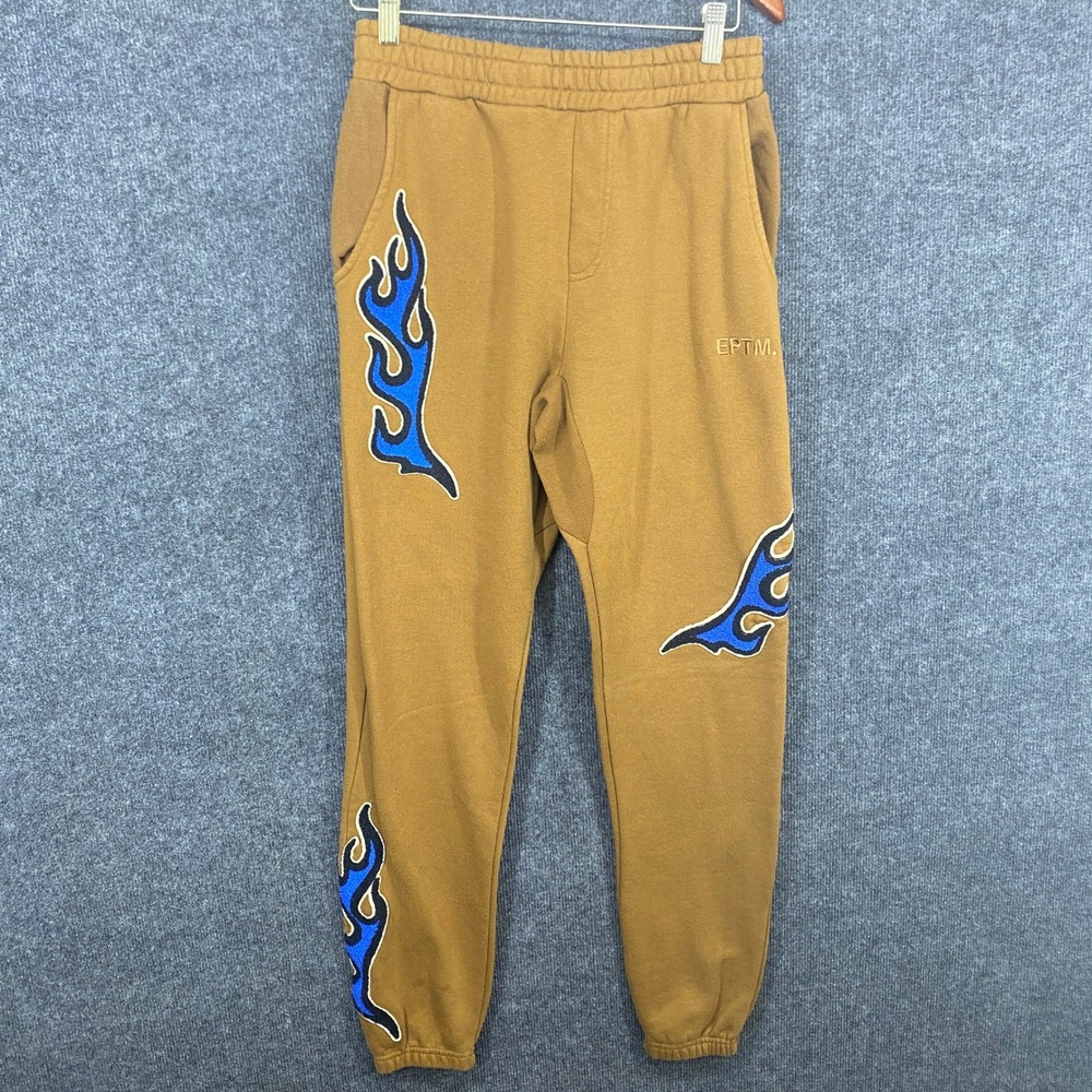 EPTM Mens Tan Mustard Blue Flame Patch Fleece Jogger Sweatpants Small